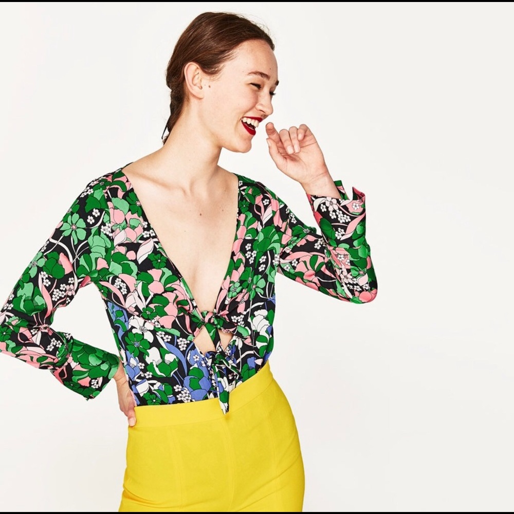 Zara Long Sleeve Floral Tie-Front Bodysuit